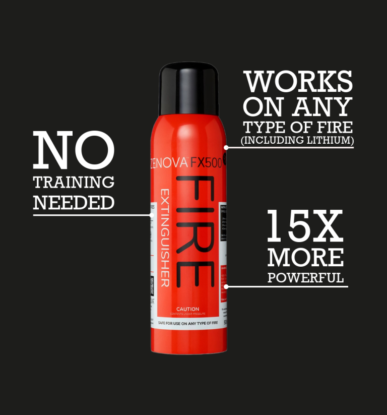 image showin the fx500 works on any type of fire, is 15x mor epowerful than other fire extinguishers, and you don't need training to use it.